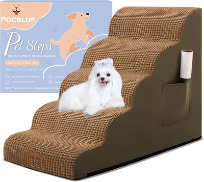 Dog Stairs for Small Dogs, Wide Pet Step with Removable Cover, No Assembly High Density Foam Cat Ramp for Bed or Sofa, 5-Step, Light Brown