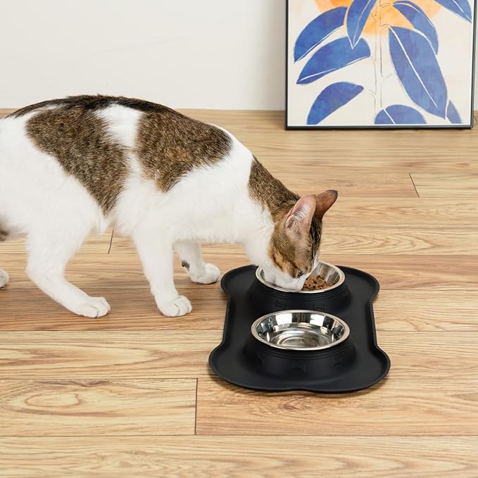 Dog Bowls with Silicone Feeding Mat, No Spill Food Water Dish Set, Dishwasher Safe, 2 Stainless Steel Puppy Bowls, Suitable for Tiny Dogs Kittens Cats Rabbits Pets under 8lbs, Extra Small,Black