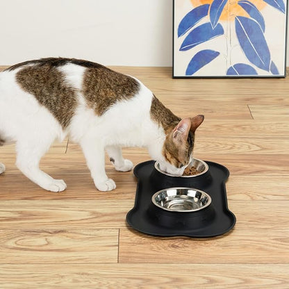 Dog Bowls with Silicone Feeding Mat, No Spill Food Water Dish Set, Dishwasher Safe, 2 Stainless Steel Puppy Bowls, Suitable for Tiny Dogs Kittens Cats Rabbits Pets under 8lbs, Extra Small,Black