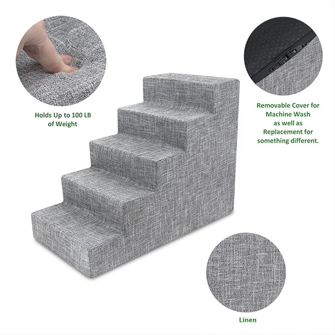 Best Pet Supplies Dog Stairs for Small Dogs & Cats, Foam Pet Steps Portable Ramp for Couch Sofa and High Bed Non-Slip Balanced Indoor Step Support, Paw Safe No Assembly - Ash Gray Linen, 5-Step