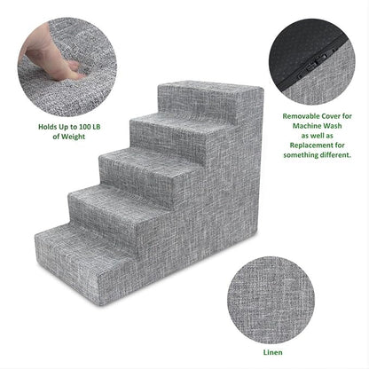 Best Pet Supplies Dog Stairs for Small Dogs & Cats, Foam Pet Steps Portable Ramp for Couch Sofa and High Bed Non-Slip Balanced Indoor Step Support, Paw Safe No Assembly - Ash Gray Linen, 5-Step