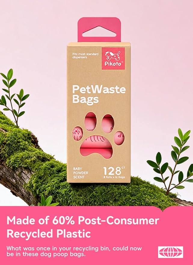 Dog Poop Bags Rolls, 128 Count (8 Refills) - 60% Recycled Plastic Baby Powder Scented - Leak Proof, Extra Thick Waste Bag with Easy-Peel Sticker (Pink)