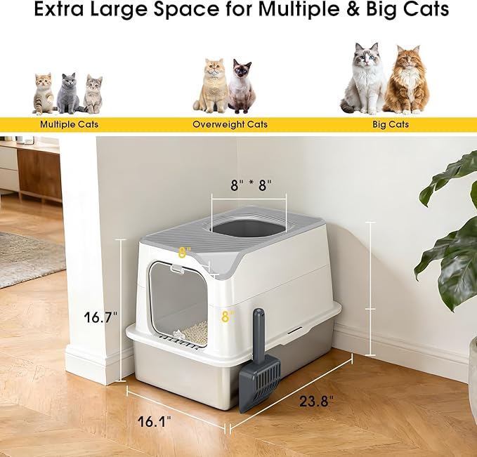 Enclosed Stainless Steel Litter Box, Large Metal Litter Box with Lid, Front & Top Entry, Odor Control & Dog Proof, Scratch-Resistant, Easy Clean (White)