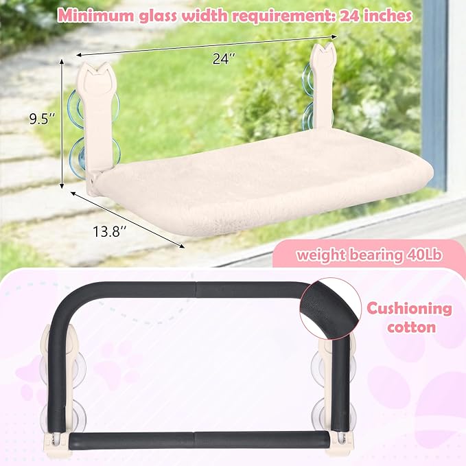 2 Pack Cat Window Perch,Cat Window Hammock Cordless Foldable Window Bed with 4 Large Strong Suction Cup,Reversible Cushion Cover,Metal Frame Easy to Adjust Window Seat Holds up to 40lbs(Beige