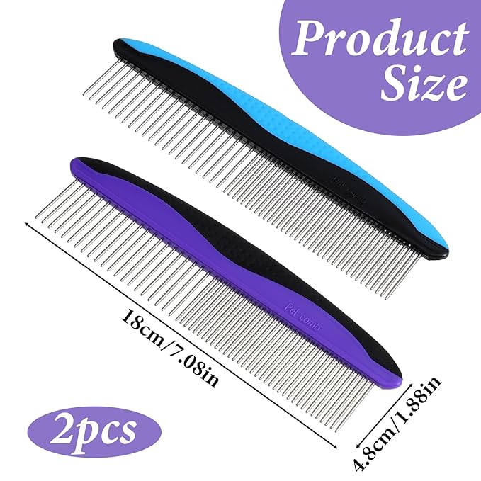 2pcs Dog Comb & Cat Comb for Grooming, Stainless Steel Teeth and Rubber Non-Slip Handle for Removes Loose Undercoat,Knots,Mats,Tangled Hair for Large, Medium, Small Dogs and Cats Purple+Blue