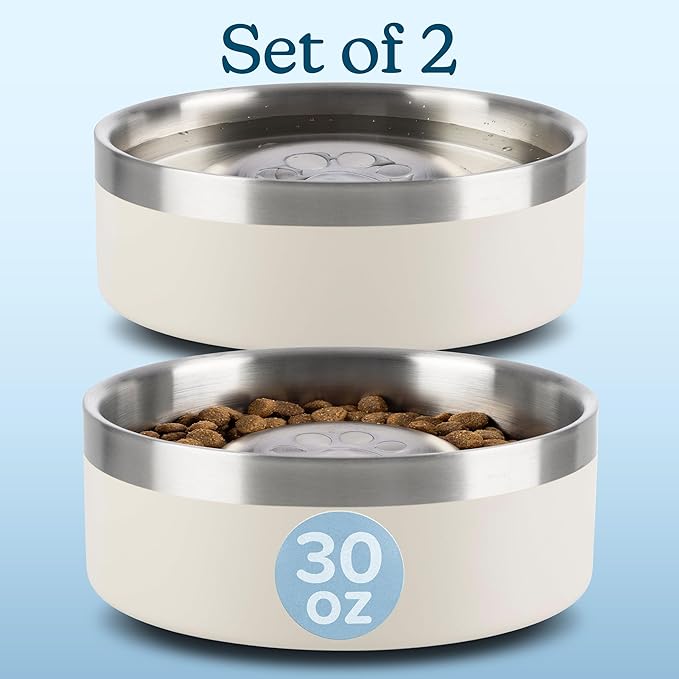 Set of 2 Stainless Steel Slow Feeder Dog Bowls - 30oz or 3.75 Cups Double Wall Insulated Food and Water Bowls for Dogs - Non Slip Metal Pet Dishes for Small-Medium Sized Pets PETMAKER (Cream)