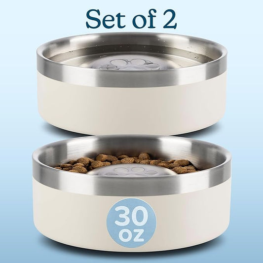 Set of 2 Stainless Steel Slow Feeder Dog Bowls - 30oz or 3.75 Cups Double Wall Insulated Food and Water Bowls for Dogs - Non Slip Metal Pet Dishes for Small-Medium Sized Pets PETMAKER (Cream)