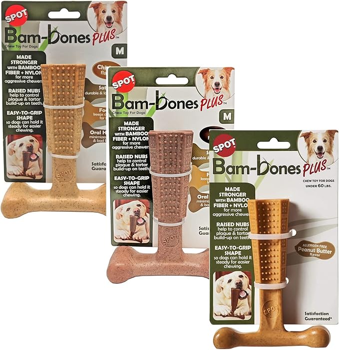 SPOT by Ethical Products 4 in Bambone Plus Easy Grip Peanut Butter, Beef & Chicken Dog Chew Bundle - Bamboo & Nylon Anti Anxiety Bone for Aggressive Chewers & Dental Health for Dogs - Medium (3 Pack)