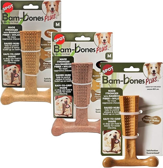 SPOT by Ethical Products 4 in Bambone Plus Easy Grip Peanut Butter, Beef & Chicken Dog Chew Bundle - Bamboo & Nylon Anti Anxiety Bone for Aggressive Chewers & Dental Health for Dogs - Medium (3 Pack)