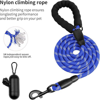 Heavy Duty Dog Leash for Large Medium Small Breed Dogs, Reflective Rope Dog leashes with Comfortable Handle,4/5/6 FT Pet Puppy Leash for Night Walking with Poop Bag Holder,Blue,1/2 inch