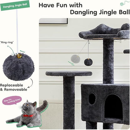 DUMOS 54-inch Indoor Cat Tree Tower –Multi-Level Pet House for Large Cats with 2 Condos, Scratching Posts, Round Platform, Small Ladder, and Toys – Perfect for Cats of All Ages, Dark Grey