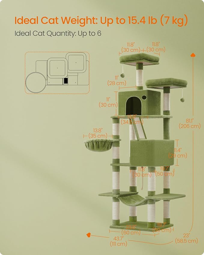 Feandrea Cat Tree, 81.1-Inch Large Cat Tower, Multi-Level Plush Condo with 13 Scratching Posts, 2 Perches, 2 Caves, Basket, Hammock, Pompoms, Green UPCT190C01