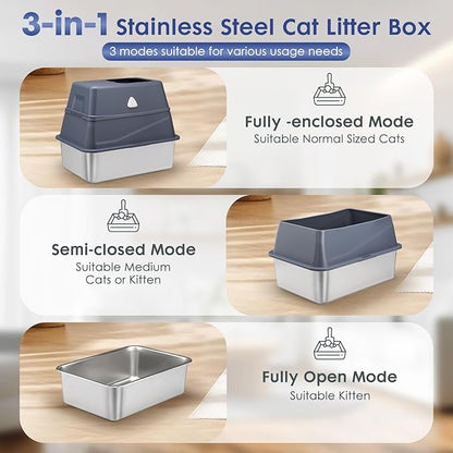 Enclosed Stainless Steel Cat Litter Box with Lid, Top Entry Design,Dog Proof,Protection for Cat Privacy, Includes Scoop, Suitable for Kitty&Medium (Grey)