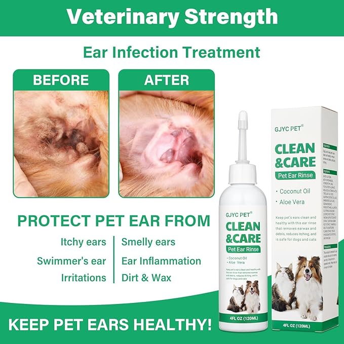 Ear Cleaner for Dogs and Cats with Flexible Long Tube- Ear Infection Treatment, Deep Canal Solution for Ear Mites, Infections, Itch, Wax & Smell, Safe Aloe Vera Formula, 4 oz