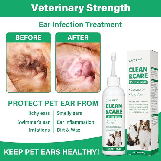 Ear Cleaner for Dogs and Cats with Flexible Long Tube- Ear Infection Treatment, Deep Canal Solution for Ear Mites, Infections, Itch, Wax & Smell, Safe Aloe Vera Formula, 4 oz