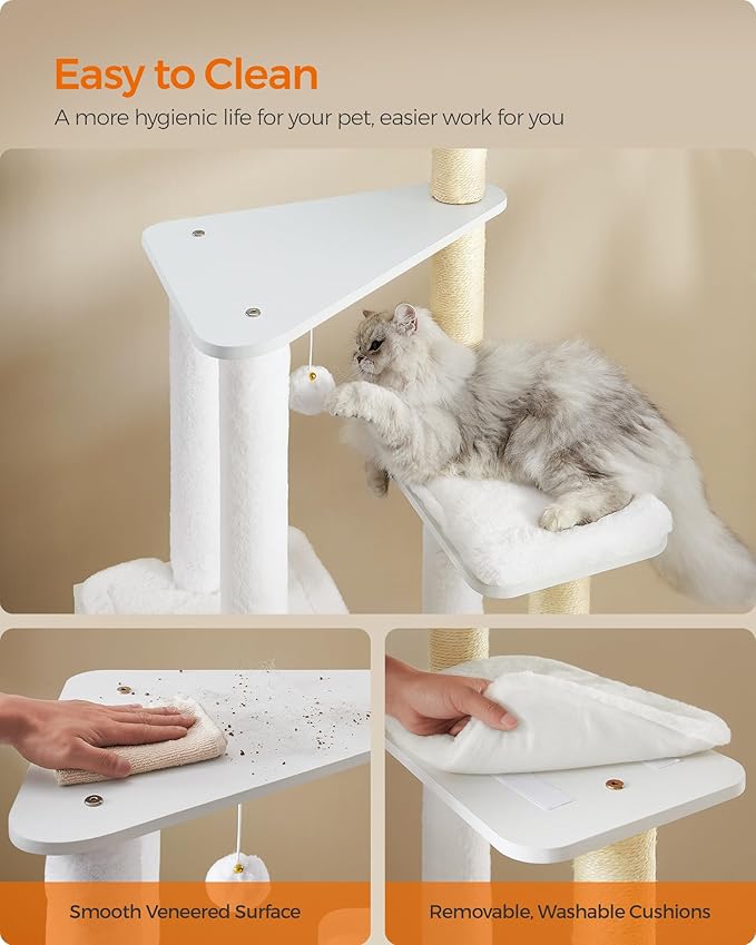 Feandrea Cat Tree, 65-Inch Modern Cat Tower for Indoor Cats, Multi-Level Cat Condo with 5 Scratching Posts, Perch, Washable Removable Cushions, Cat Furniture, Cloud White UPCT166W01