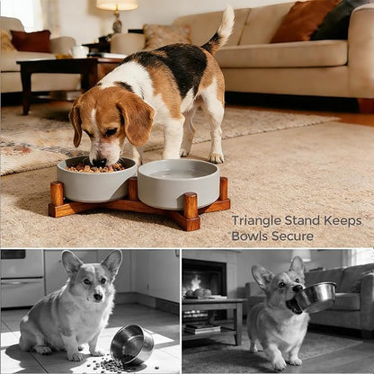 Ceramic Dog Bowl and Cat Bowls Set with 15° Adjustable Wood Stand, Non-Slip Weighted Pet Food and Water Bowls, Dual Raised Feeder for Small Dogs, Matte Glaze Pet Dish 13.5oz Set of 2 (Gray & Chestnut)