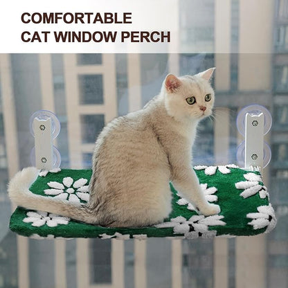 Cat Window Perch, Foldable Cat Window Hammock with Cute 3D Textured Flower Cover and Strong Suction Cups, Cordless Window Seat Bed for Indoor Cats (Green Flower, Large)