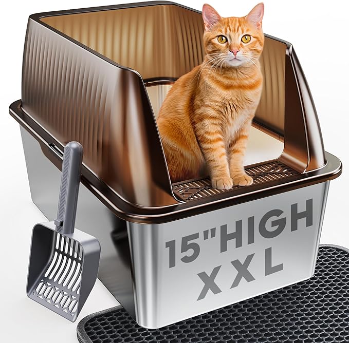 Tripamin 15” XL Stainless Steel Cat Litter Box Enclosure, XXL Stainless Steel High Sides with Lid, Extra Large Metal Cat Litter Box, Anti Leakage, Non-Sticky, Easy Cleaning, Includes Scoop