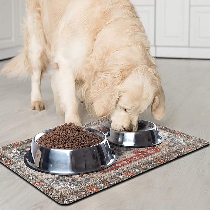 Dog Food Mats for Floors, Absorbent and Quick-Drying Pet Cat Food Mat,Anti-Fouling and Easy-to-Clean Pet Feeding Mat,Dog Bowl Mat for Messy Drinking Water Bowls.17 x32, Bohemia Style