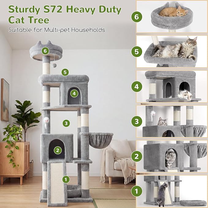 Globlazer Heavy Duty Cat Trees for Large Cats, Sturdy 72in Maine Coon Cat Tree for Large Cats 20 lbs+ Heavy Duty Cat Tower for Adult Biggest Cat with 6 Scratching Posts, Hammock, S72, Light Grey