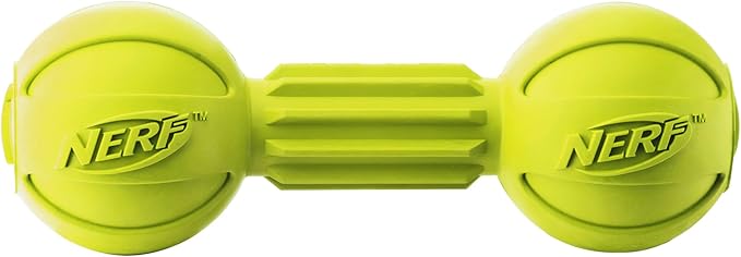 Nerf Dog Rubber Chew Barbell Dog Toy for Aggressive Chewers, Lightweight, Durable and Water Resistant, 7.5 Inches, for Medium/Large Breeds, Single Unit, Green (6994)