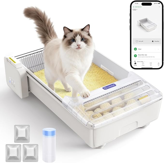 Robotail Open Top Automatic Litter Box, Self Cleaning Cat Litter Box with Roomy Space for Large Cats+Vis Waste Bin, XXL Electric Cat Litter Box Automatic Cleaning for Multi Cats, Auto Litter Box