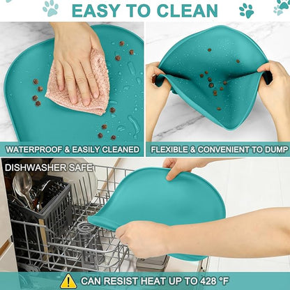 Small Silicone Pet Food Mat with Raised Edge for Food and Water Bowl, Square Dog Feeding Mats, Cat Food Trays for Floor Waterproof, Rubber Tray for Dogs and Cats, 12 x 12 x 0.7 Dark Turquoise