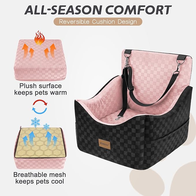 JOEJOY Elevated Dog Car Seat for Small/Medium Dogs up to 35 lbs, Memory Foam Booster Seat with Detachable Washable Cover, Travel-Safe Car Bed with Safety Belts & Storage Pockets, Pink