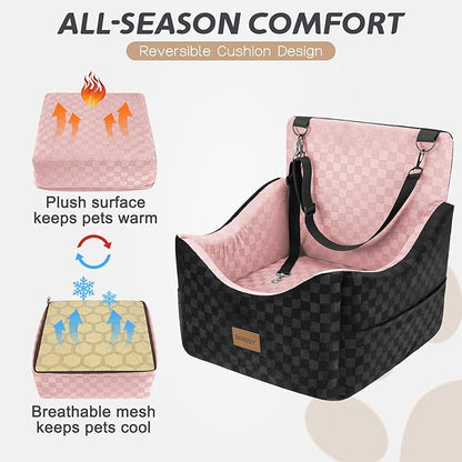 JOEJOY Elevated Dog Car Seat for Small/Medium Dogs up to 35 lbs, Memory Foam Booster Seat with Detachable Washable Cover, Travel-Safe Car Bed with Safety Belts & Storage Pockets, Pink