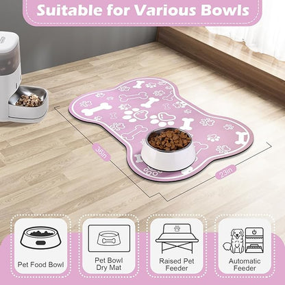Dog Cat Mat for Food and Water,Rapid Absorbent Pet Feeding Mat, Bone Shaped Dog Placemat Bowl Mat with Rubber Backing,No Stains Pet Food Mats Indoor, Pet Accessories Supplies,Pink 23"×36"