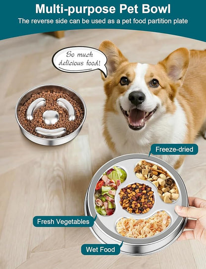 Slow Feeder Dog Bowl Stainless Steel，8-inch Diameter Dog Slow Feeder Bowl，Heavy Duty with Non-Slip Rubber Base，2Cups Capacity for Medium & Large Dog.Thick and Heavy Edition
