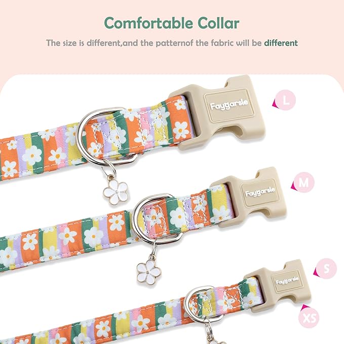 Faygarsle Colorful Floral Dog Collar, Cotton Fabric with Daisy Pattern, Multi-Color Stripes Spring Summer Design for Small Medium Large Dogs L