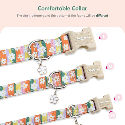 Faygarsle Colorful Floral Dog Collar, Cotton Fabric with Daisy Pattern, Multi-Color Stripes Spring Summer Design for Small Medium Large Dogs L