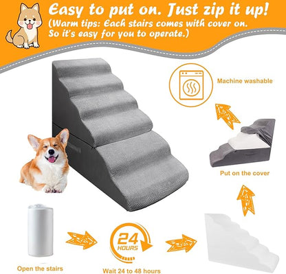 Dog Stairs for High Beds 30 inches Tall for Small Dogs, Pet Steps for High Bed up to 30-36 Inch, Lightweight Foam Dog Ramp for Old Cats, No Assembly Required, Grey