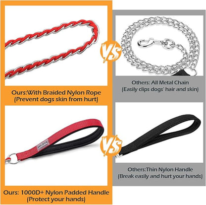 Chain Dog Leash Chew Proof Metal Leash for Medium Large Dogs, Chain Link Dog Anti Chew 5.2FT / 4FT Strong Anti Bite Comfortable Soft Padded Handle (Red, 5FT(80-150lb))