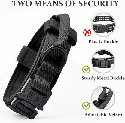 Tactical Dog Collar, Adjustable Military Training Nylon Dog Collar with Control Handle and Heavy Quick-Release Metal Buckle for Small Medium Large Dogs, Black XL