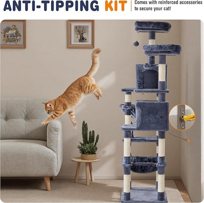 DUMOS Tall 71 inch Cat Tree Tower, Large Multi Level Cat Climbing Tower with Condo, Natural Sisal Scratching Posts, Platform, Hammock, Basket, Pet Tree House for Indoor Cats Play, Dark Grey