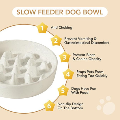 Ceramic 3.2 Cup Dog Bowl Slow Feeder, 9.5 inch Slow Pet Food Dish for Large Dog, Stop Bloat, Preventing Choking(Single Bowl, Vanilla White)