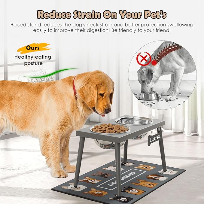 Raised Dog Bowl Stand for Large Dogs, 10” Tall Elevated Feeder with Spill-Proof Mat, Stainless Steel 58OZ Bowls for Food & Water, Gray Color (Mat Size: 16x24”)