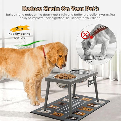 Raised Dog Bowl Stand for Large Dogs, 10” Tall Elevated Feeder with Spill-Proof Mat, Stainless Steel 58OZ Bowls for Food & Water, Gray Color (Mat Size: 16x24”)