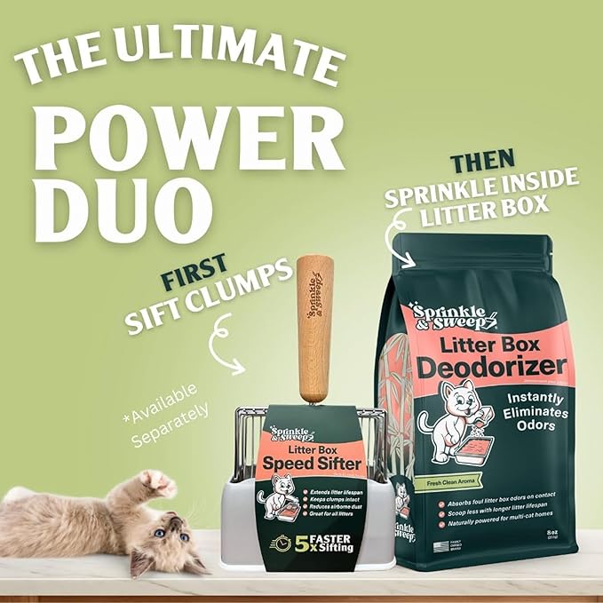 Sprinkle & Sweep: Litter Box Deodorizer Duo - 8oz Bag & Speed Sifter - Cat-Kitten Home Odor Neutralizer, Ultra-Absorbent Formula, Wood Handle Scooper