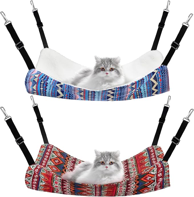 Jetec 2 Pack Cat Hammock for Cage, Catio Accessories Reversible Soft Cats Bed with Adjustable Straps and Hooks Double-Sided Linen and Fleece Hanging Hammock for Cats, Kitten(Ethnic Pattern,M)
