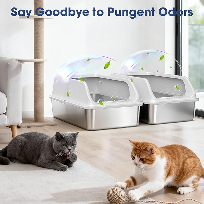 Stainless Steel Litter Box, 2 Pack XL Metal Cat Litter Boxes with Lid High Sided Enclosed for Big Cat and Multiple Cats, Anti-Urine Leakage | Non-Stick Bottom & Includes Scoop