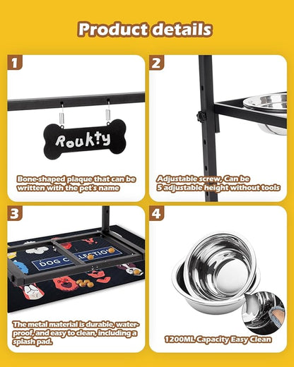 Elevated Dog Bowls with Slow Feeder & Mat, Adjusable Height Raised Dog Bowl Stand with 2 Stainless Steel 1200ML Bowl