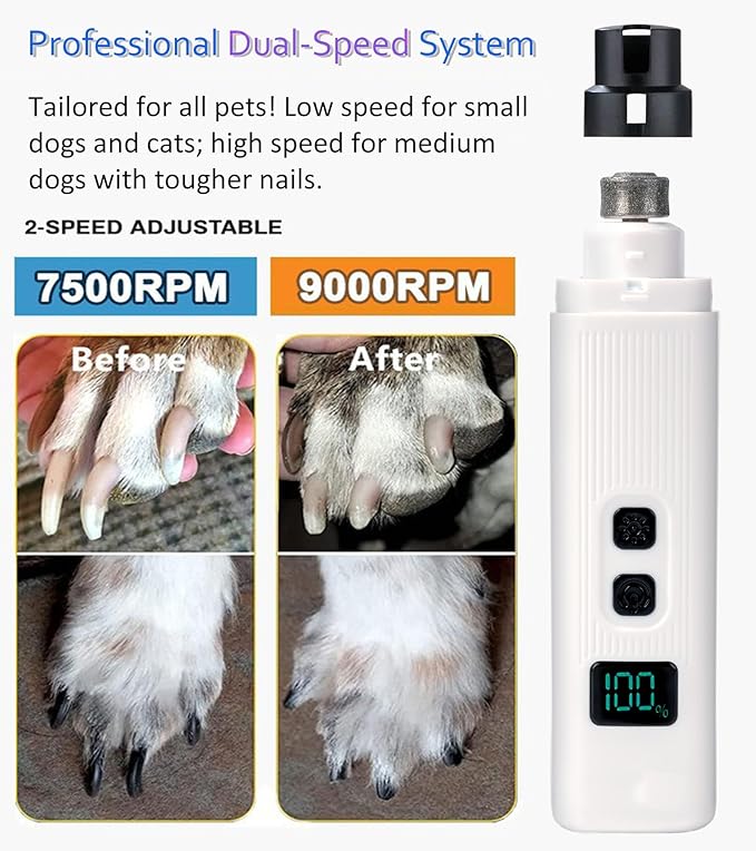 Upgrade Electric Pet Nail Grinder with LED Lights - 2-Speed Super Quiet and Low Vibration Rechargeable Cat Nail Trimmers,Professional Painless Pet Paws Grooming Tool,Small Medium Anxious Dogs & Cats