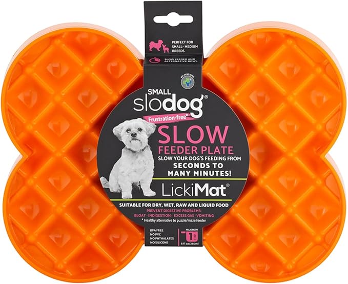 LickiMat Small Slodog Suitable for Wet Food, Raw Food, Kibble and Treats. Perfect Feeder for Small and Medium-Sized Dogs. No Gulp and No Frustration. (Orange)