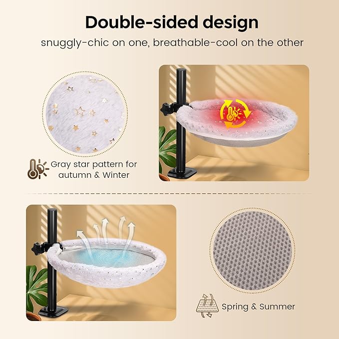 Cat Desk Bed, 360° Rotating & Height Adjustable Hammock Perch, Solid Metal Frame, Premium Velvet Fabric & 3D Mesh Cushion, 2 Washable Covers, Ideal Cat Bed for Indoor Use (Gray)