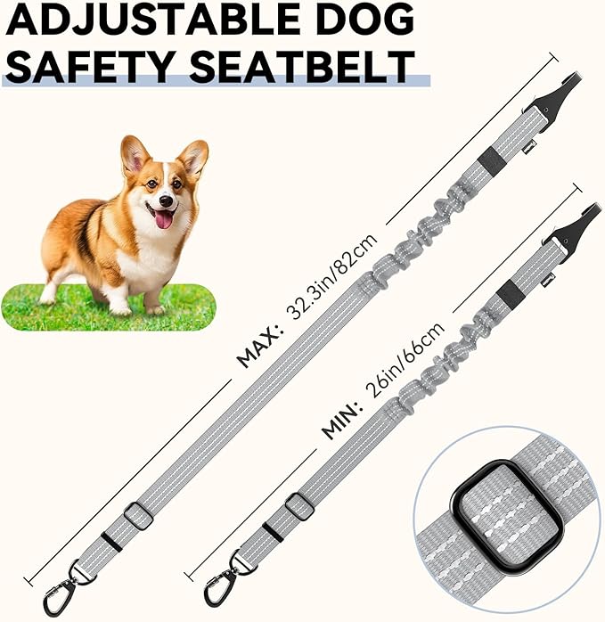 Pawaboo 2Pack Dog Seatbelt for Car, 3-in-1 Dog Car Seat Belt, Shockproof Dogs Tether with Buckle & Hook Latch, Adjustable Reflective Dogs Cars Harness Leash with 360° Lockable Buckle, Gray & Black