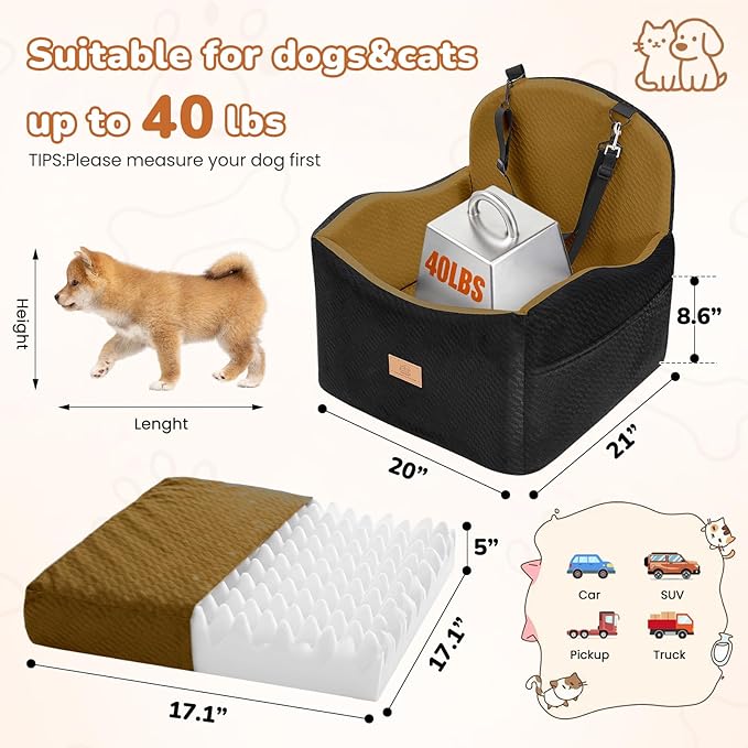 Dog Car Seat for Medium/Small Dogs, Dog Booster Car Seat, Pet Booster Seats Up to 40lbs with Waterproof Layer, 3 Storage Pockets and Safety Belt (Black/Brown)